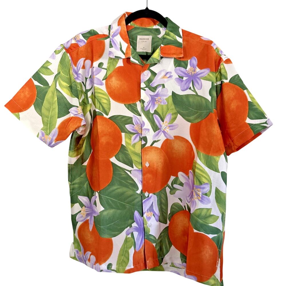 NWT Massive Luxury NYC Crinkle Camp Shirt Mens M Tropical Floral Oranges